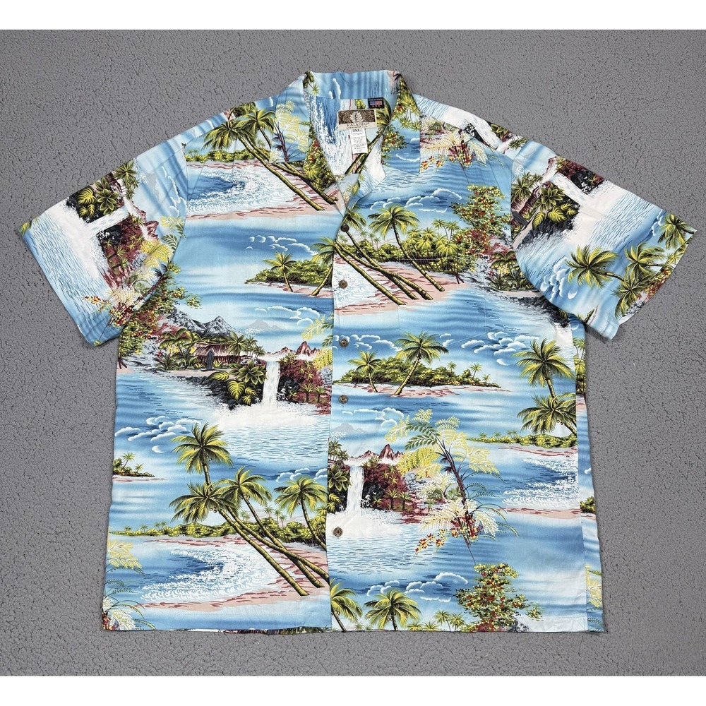 Kalaheo Shirt Mens 2XL Blue Hawaiian Scenic Waterfall Short Sleeve Button Up USA